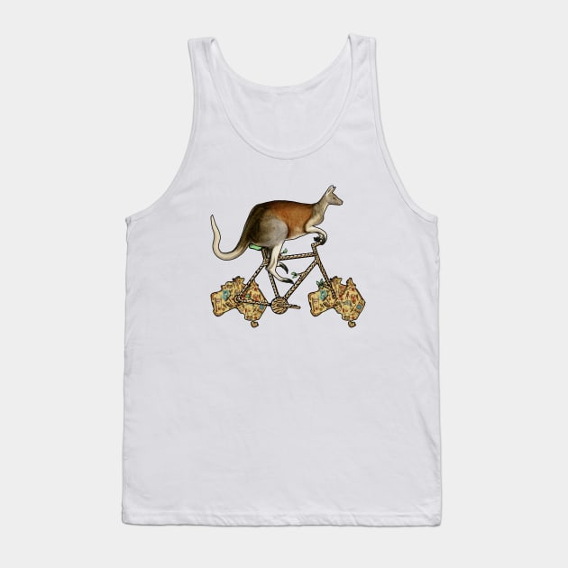 Australian Kangaroo Biker, Australian Kangaroo Riding Bicycle, Funny Map of Australian, Animal Lover Aussie Cyclist Kangaroo Humor for Cycling Lovers Australians, Retro Vintage Aesthetic Kangaroo Pun Tank Top by BicycleStuff